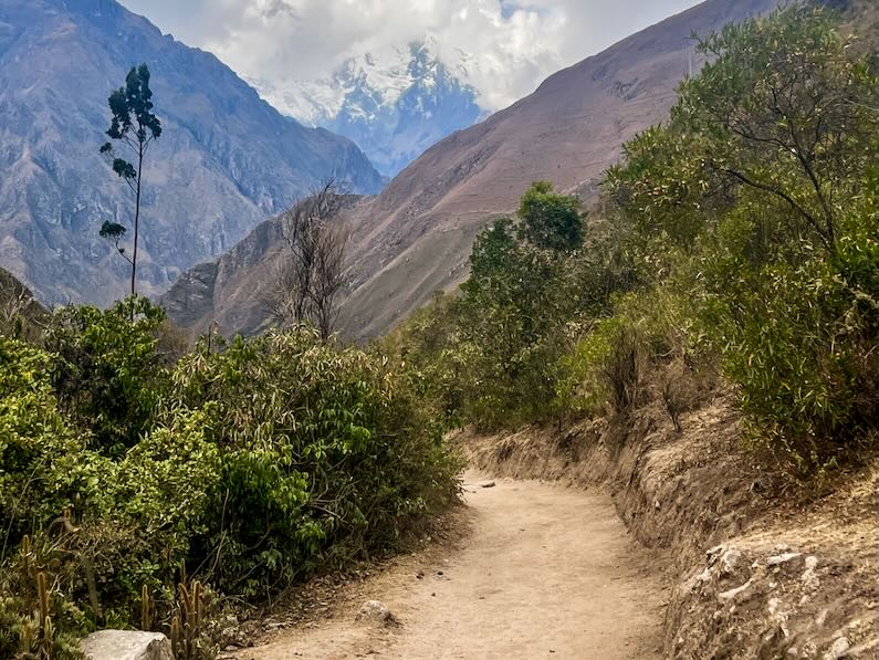 Scene from the trail on Day 1 of the Inca Trail with Mount Veronica 