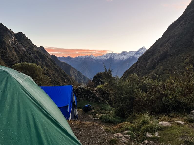 Third morning on the Inca Trail, waking up to snow dusted mountains