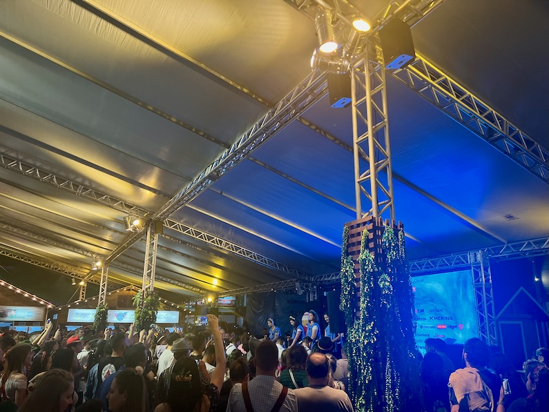 Women about to begin the Chopp em Metro competition at Oktoberfest in Brazil